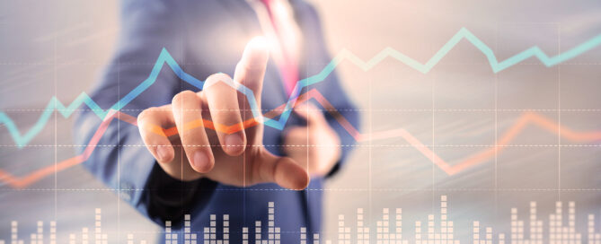 Grafik zum Konzept „Finanzhandel und Investitionen“ mit doppeltem Bildschirm.