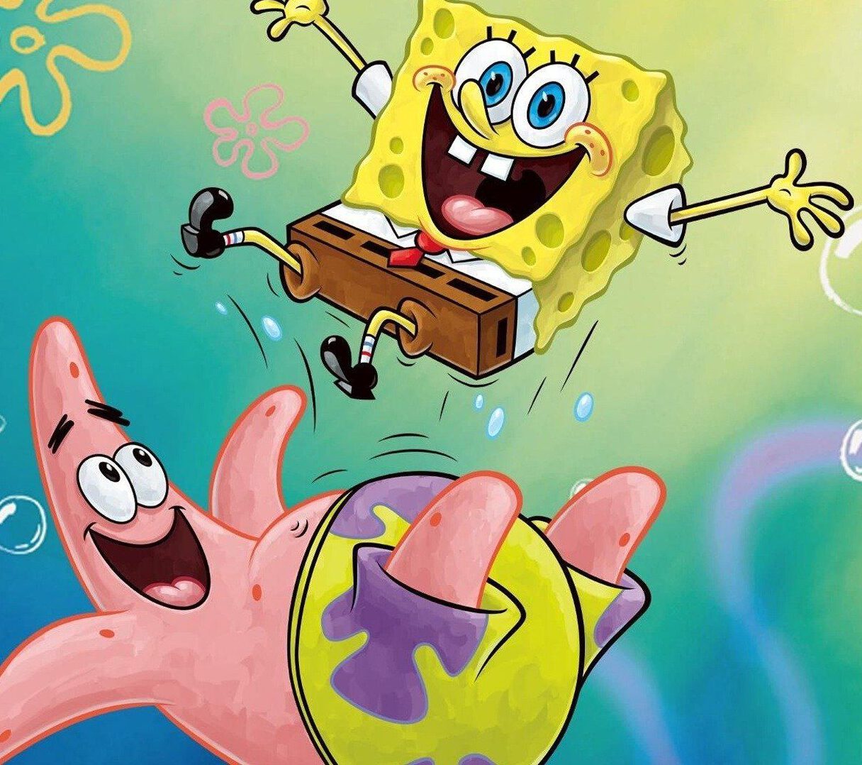 Nick Spongebob fliegt durch die Luft.