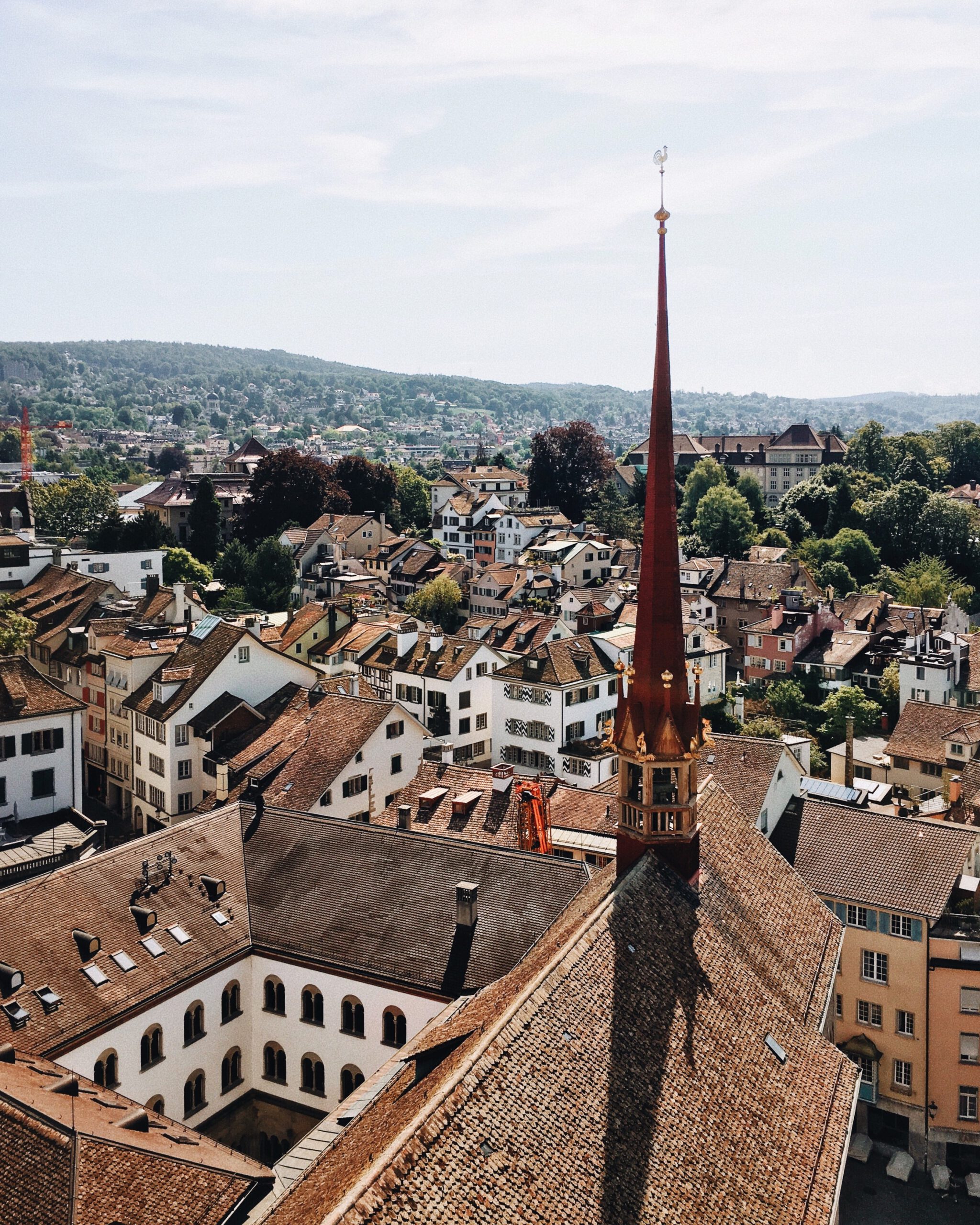 Top view of a city in Switzerland with many old and pretty houses.