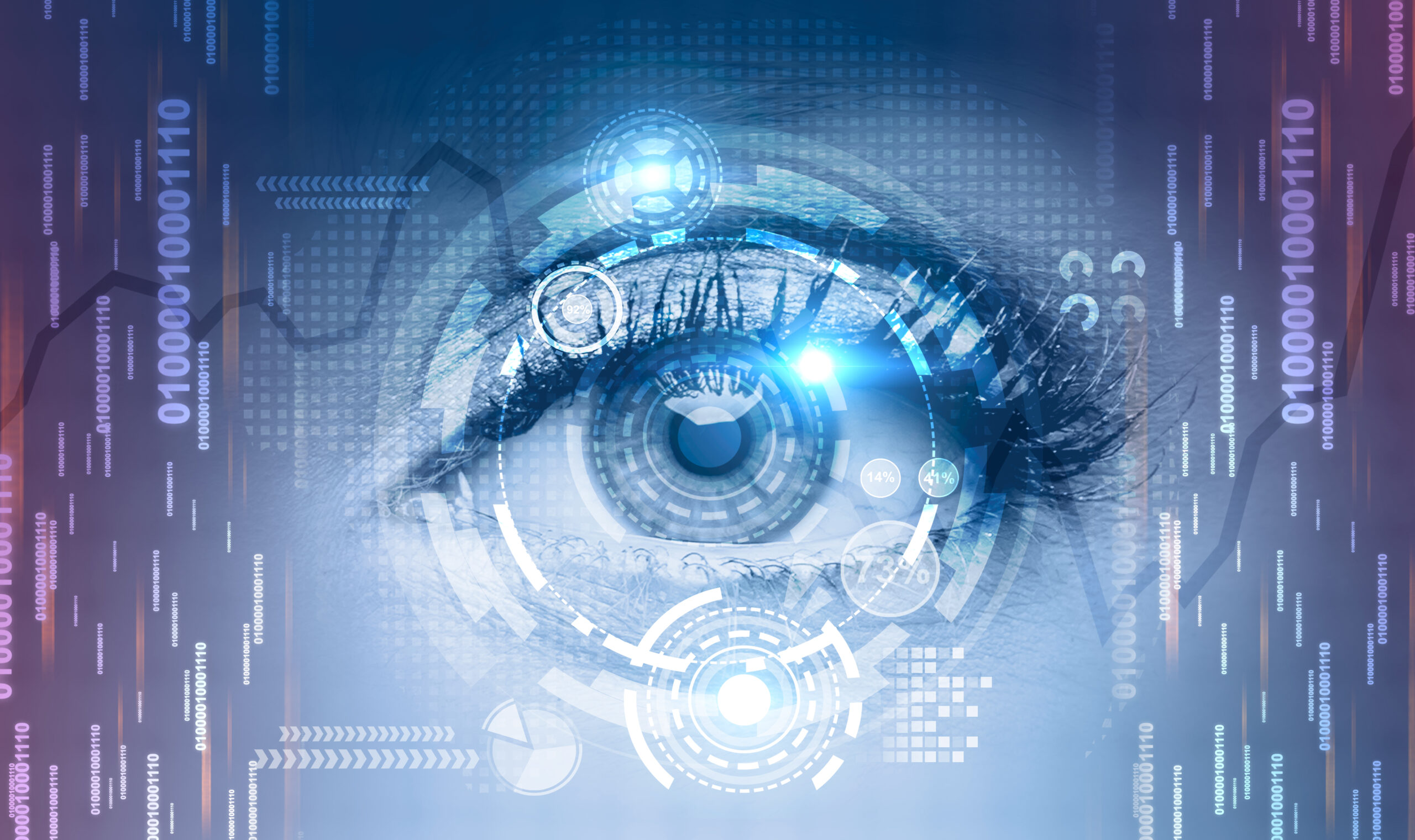 Woman eye in hud interface, code lines, graphs Eye_viewability