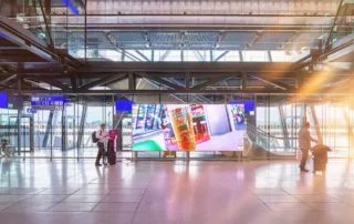 Advertising space and people walking with suitcases